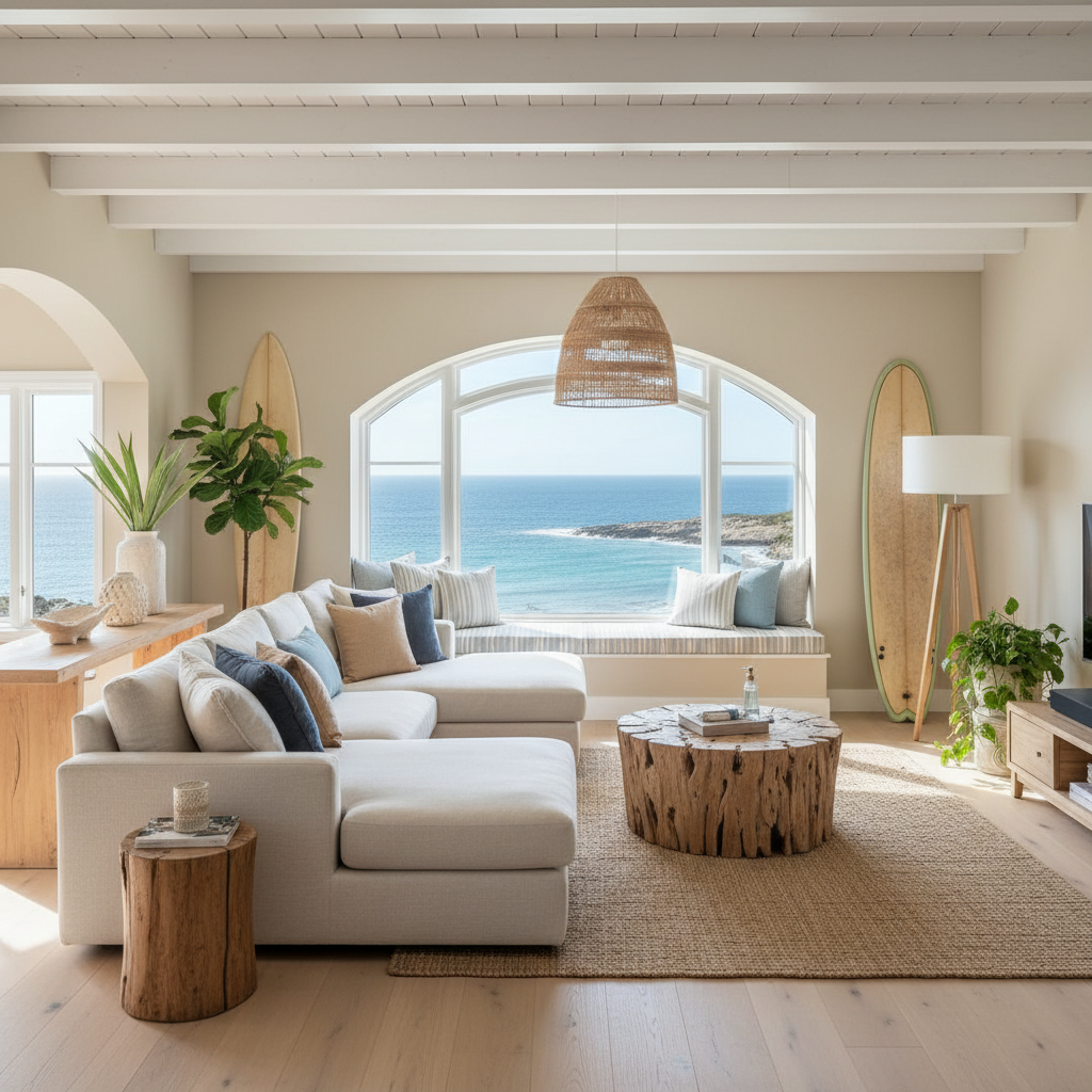 Image of a living area in a coastal loft with light colors and natural wood accents.