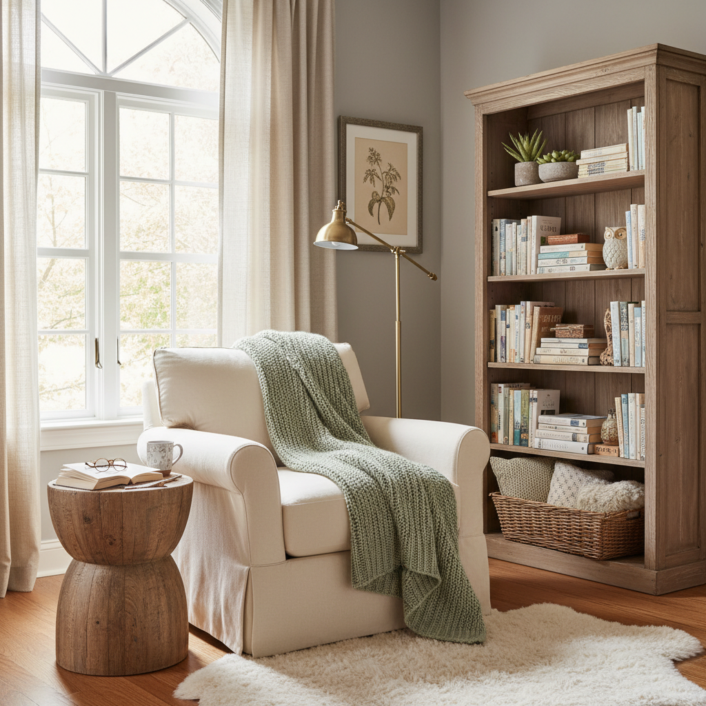 Styled reading nook with books and a blanket