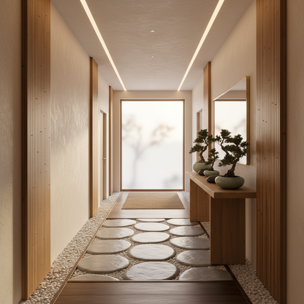 A beautifully styled zen hallway showcasing natural materials and calming colors.