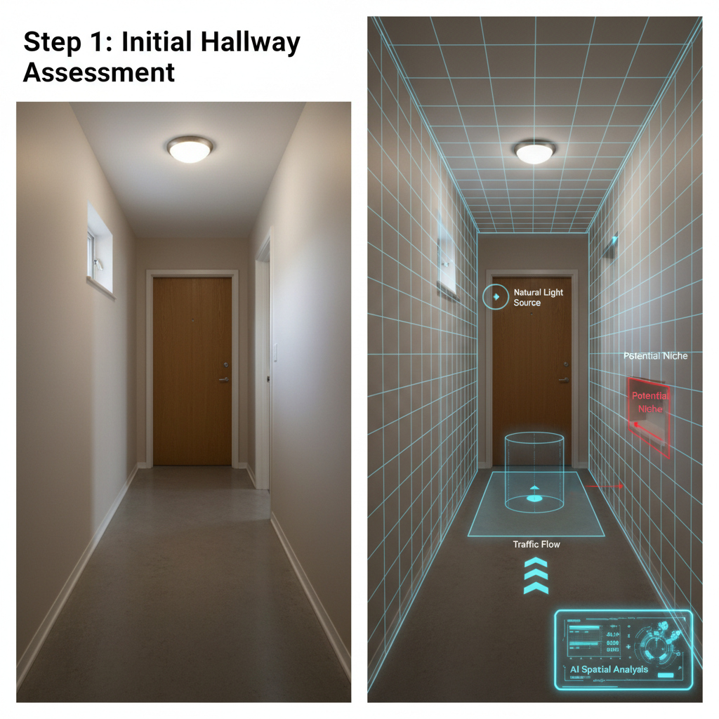 A step-by-step visual representation of designing a zen hallway using AI.