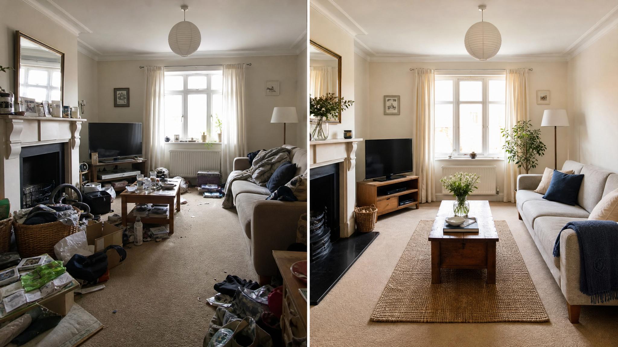 A cluttered small living room before and after decluttering.