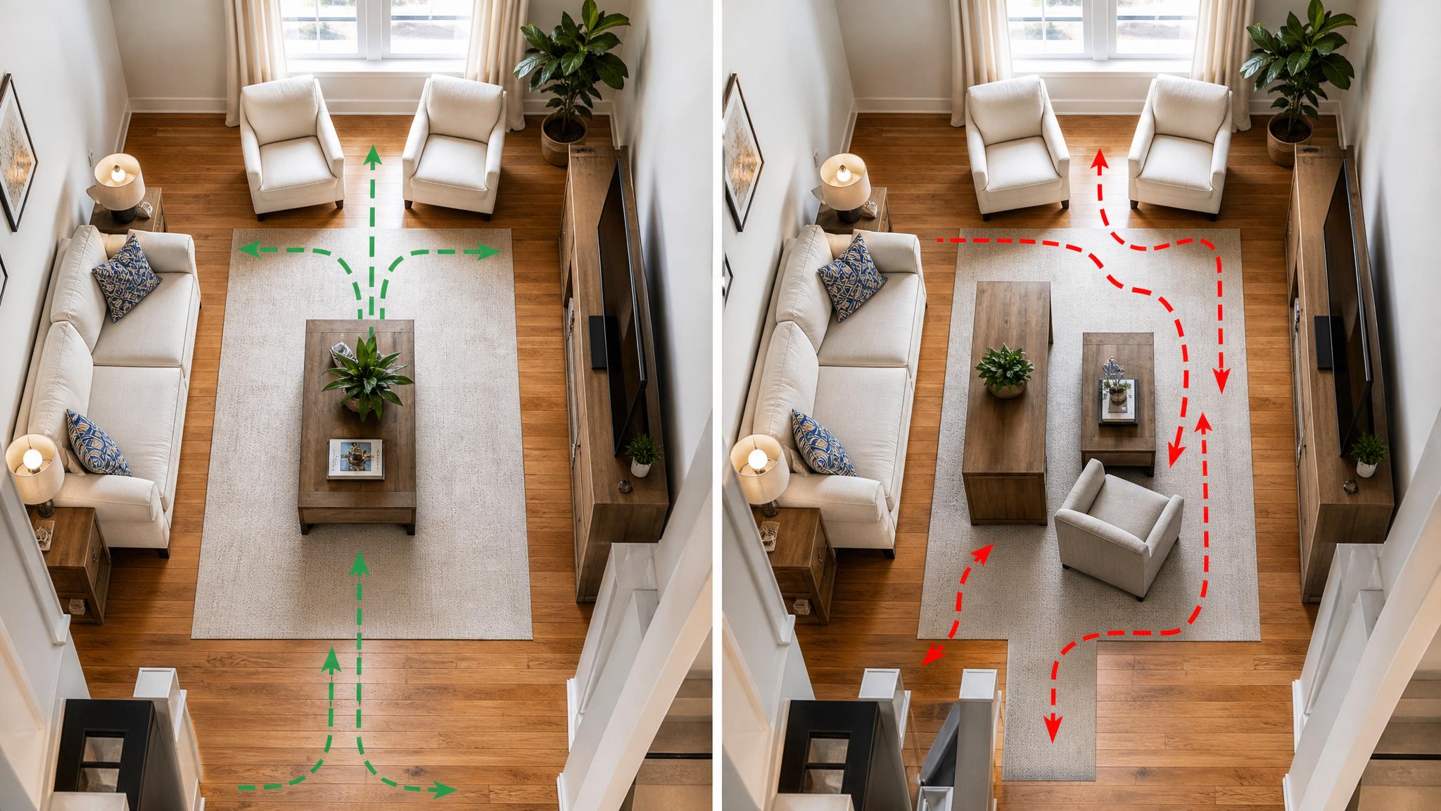 Diagram showing good vs poor traffic flow in a small living room.