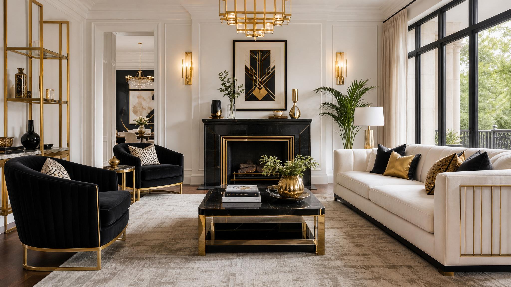 Sample Art Deco living room with black, gold, and white colors.