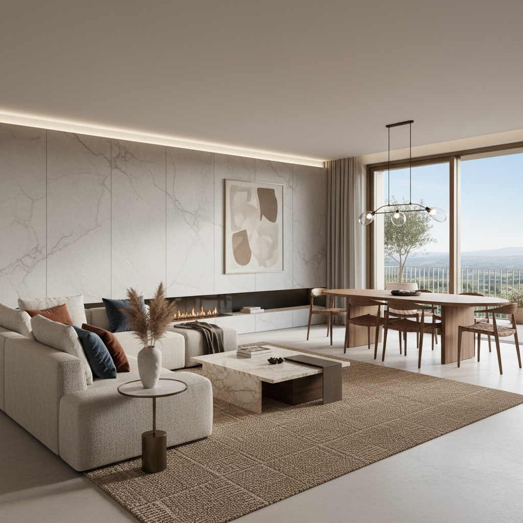 Image of a stylish Italian modern open-plan living room interior design