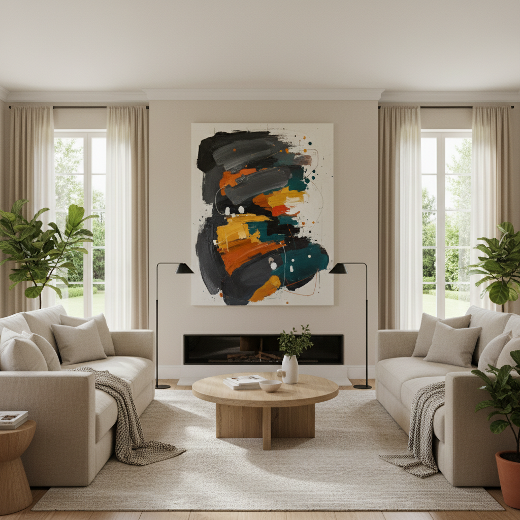 Image depicting neutral color palette with bold artwork in living room