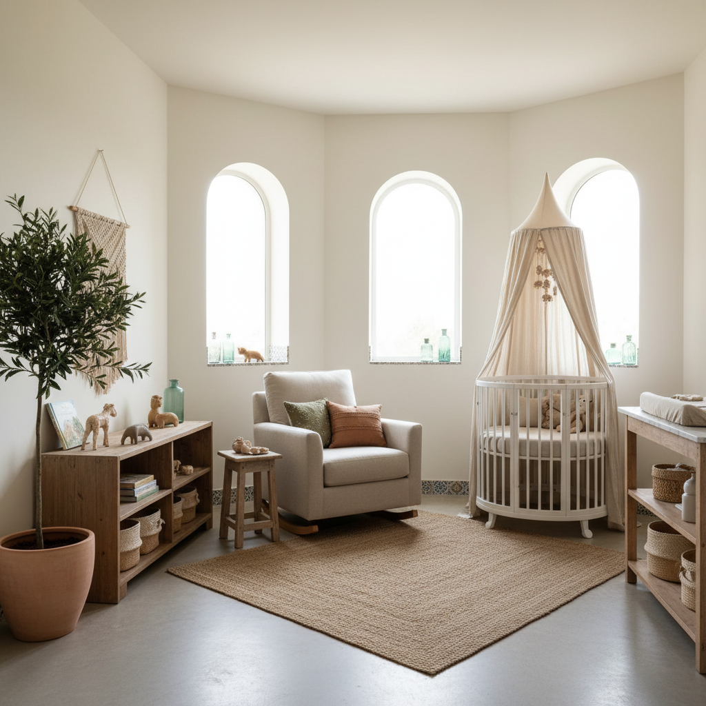 A beautifully staged Mediterranean nursery with light colors and natural materials.