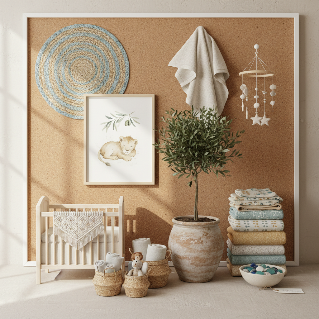 An AI-generated mood board showcasing a Mediterranean nursery design.