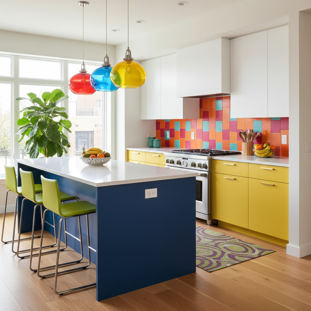 Staged modern kitchen with vibrant colors