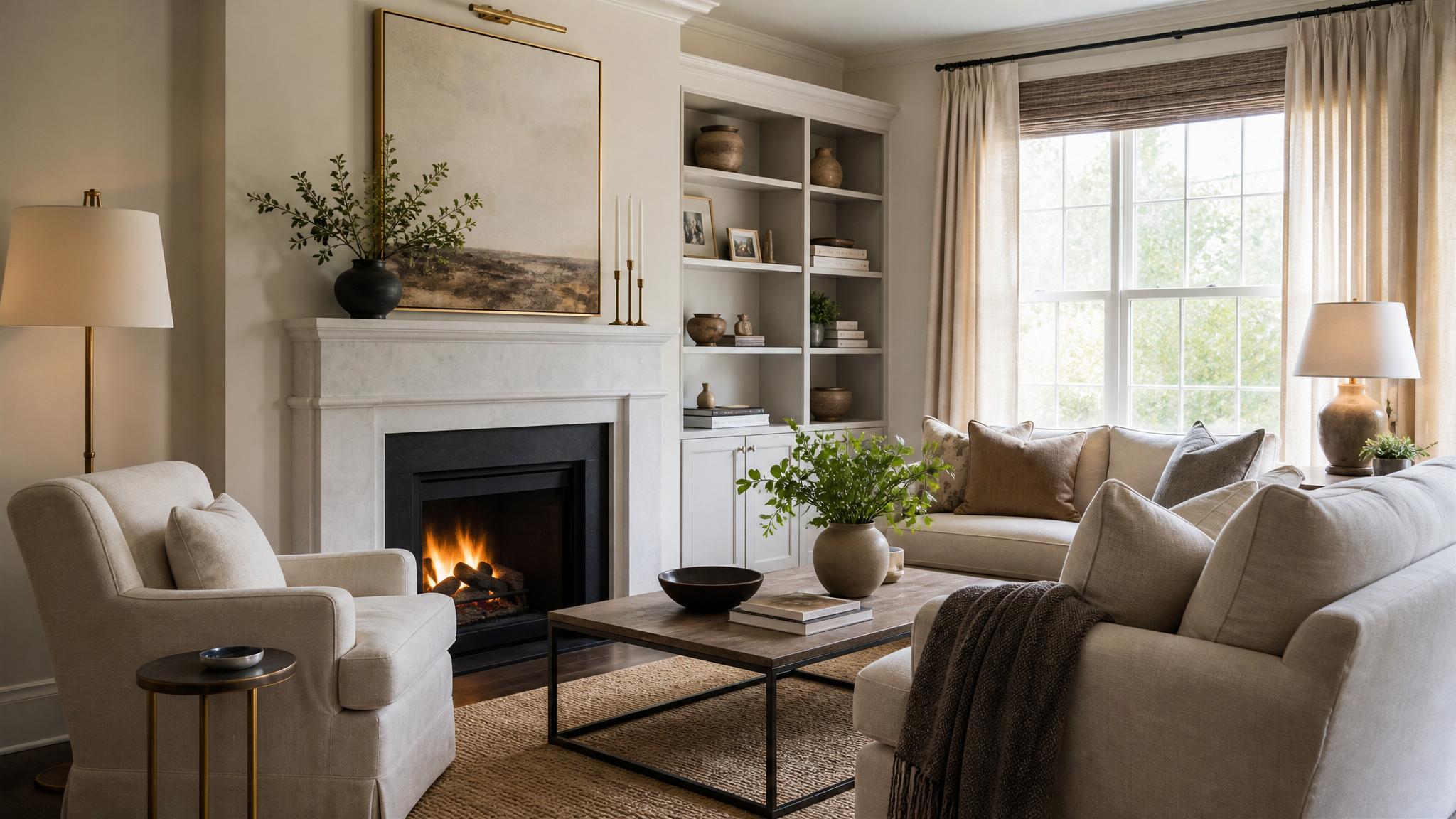 A cozy small living room showcasing quiet luxury style with neutral colors and elegant decor.
