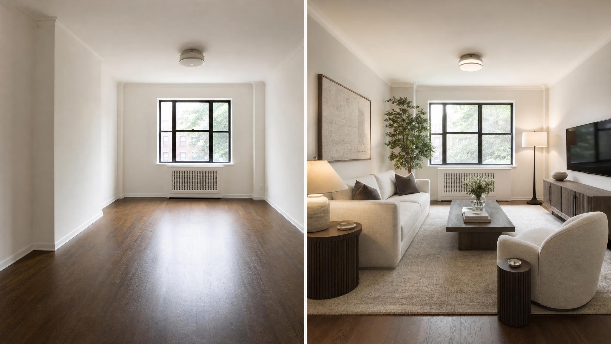 Before and after photos of a small living room staged in quiet luxury style.