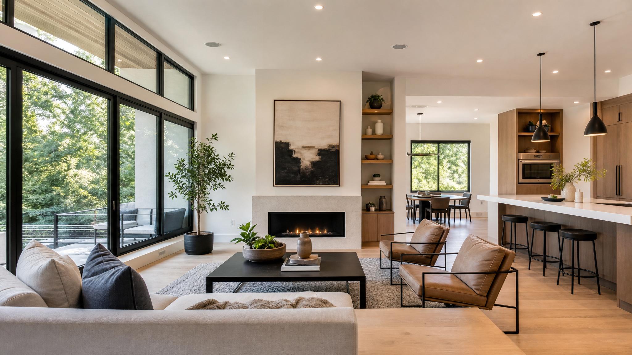 Modern open-plan living room with large windows for natural light