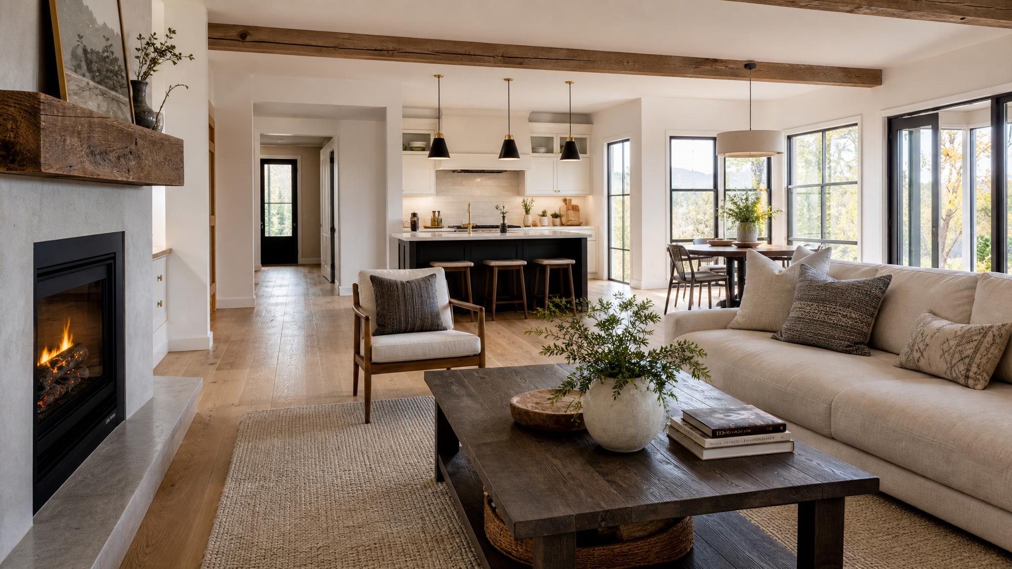 Cozy modern open-plan living room with a fireplace