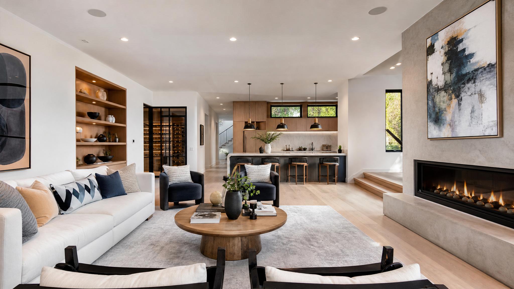 Elegant modern open-plan living room with artistic decor
