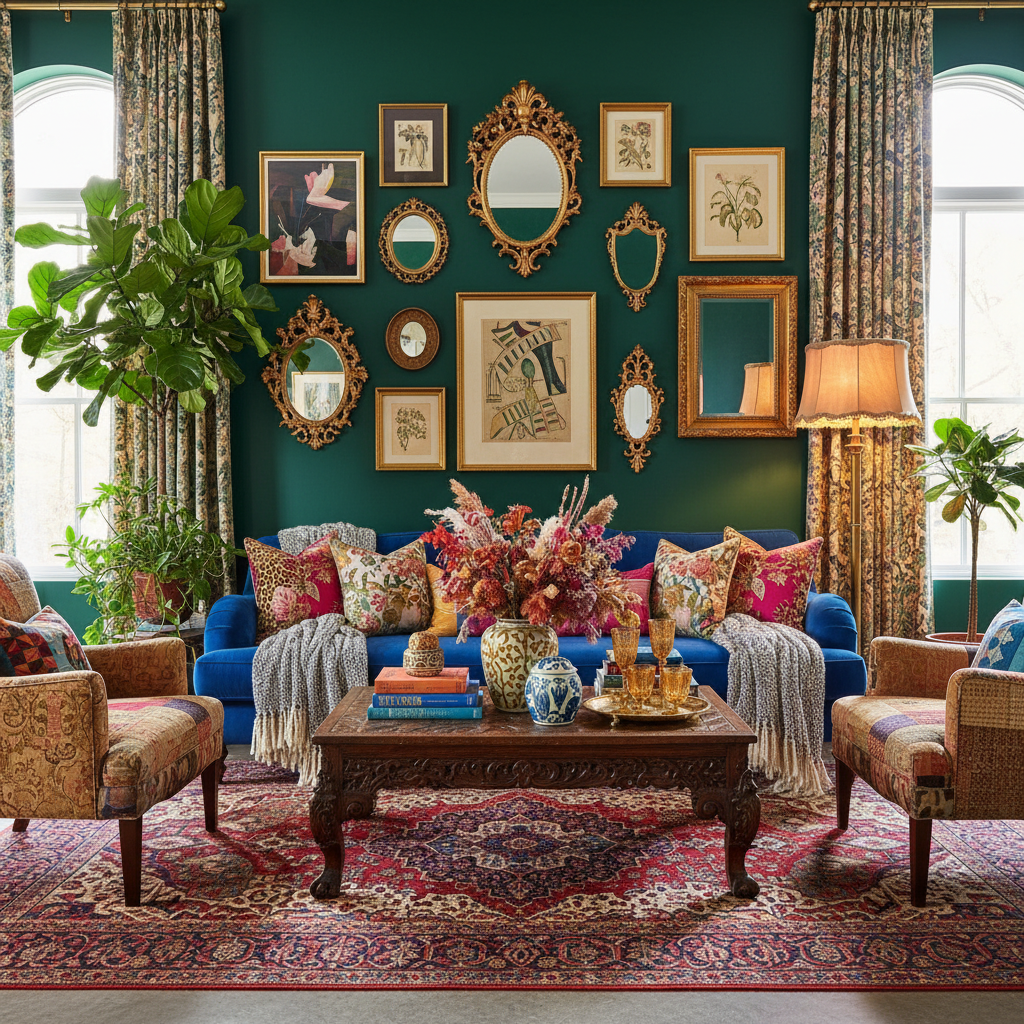 Maximalist interior design showcasing bold colors and varied textures.