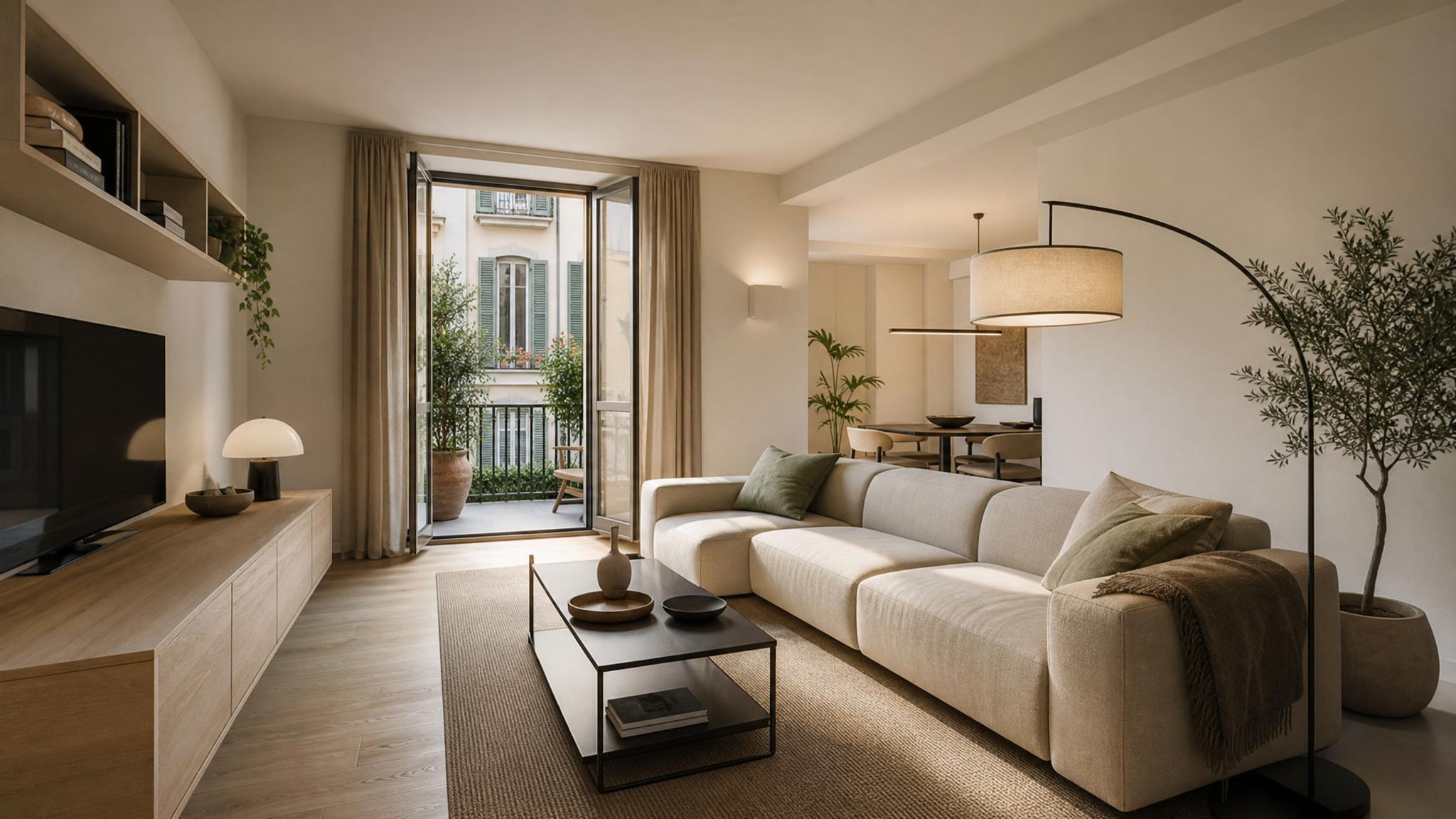 Image of a small Italian modern living room with minimalist furniture and neutral tones.