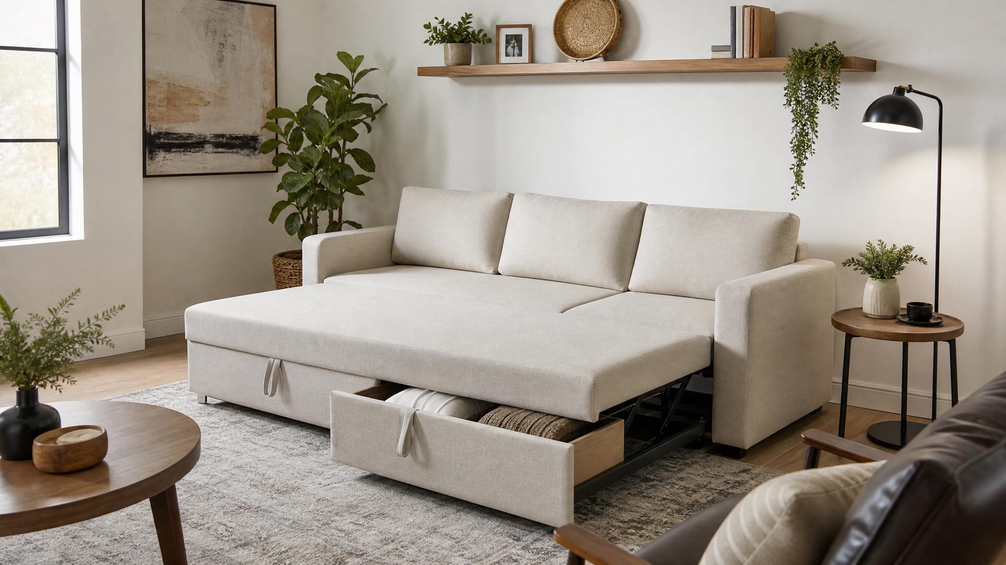 Image of multifunctional furniture in a small living room setting.
