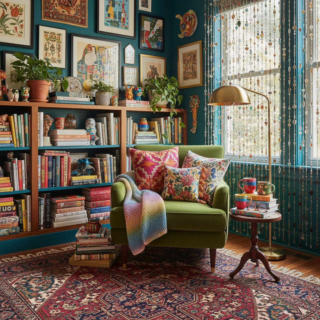 A vibrant maximalist reading nook featuring layered textiles, colorful accessories, and eclectic decor.