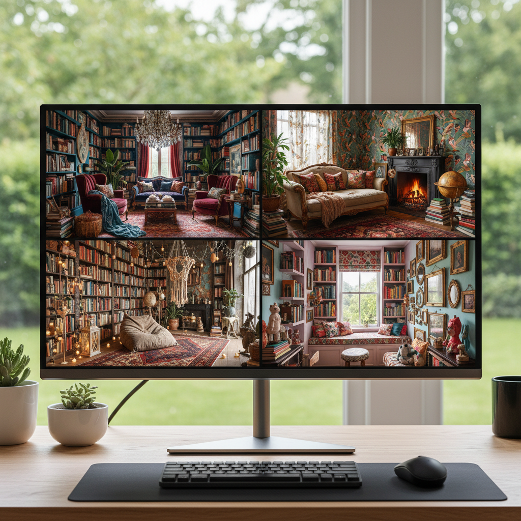 A screen displaying AI-generated suggestions for a maximalist reading nook design, showing various layouts and decor styles.