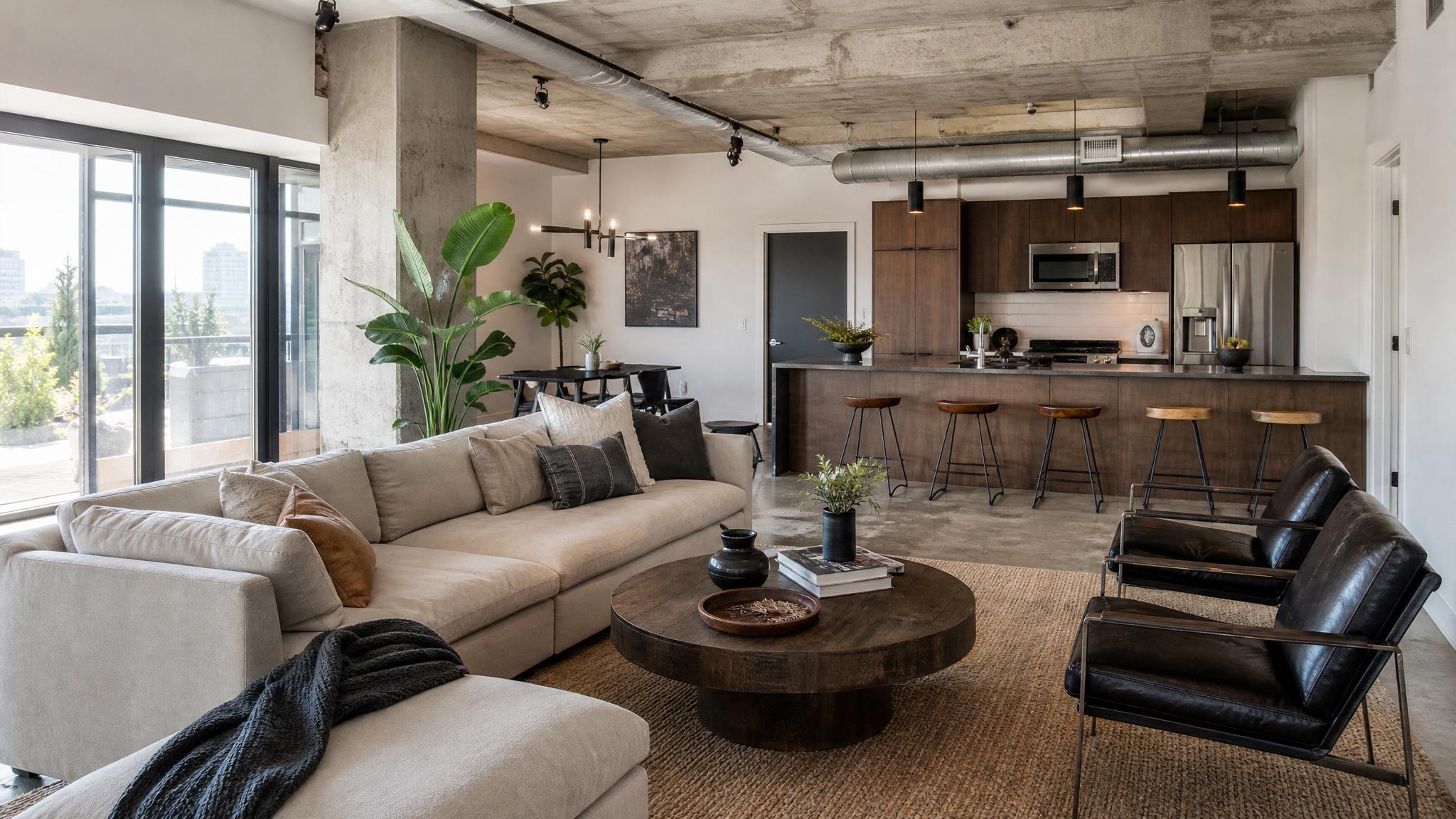 Image of a modern open-plan living room with an urban loft aesthetic