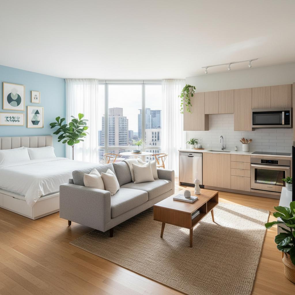 Show a brightly lit studio apartment with open curtains and natural light