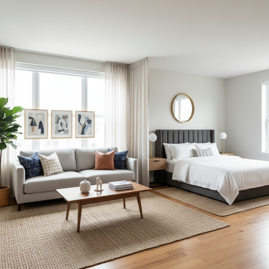 Image of a staged studio apartment showing distinct living and sleeping areas