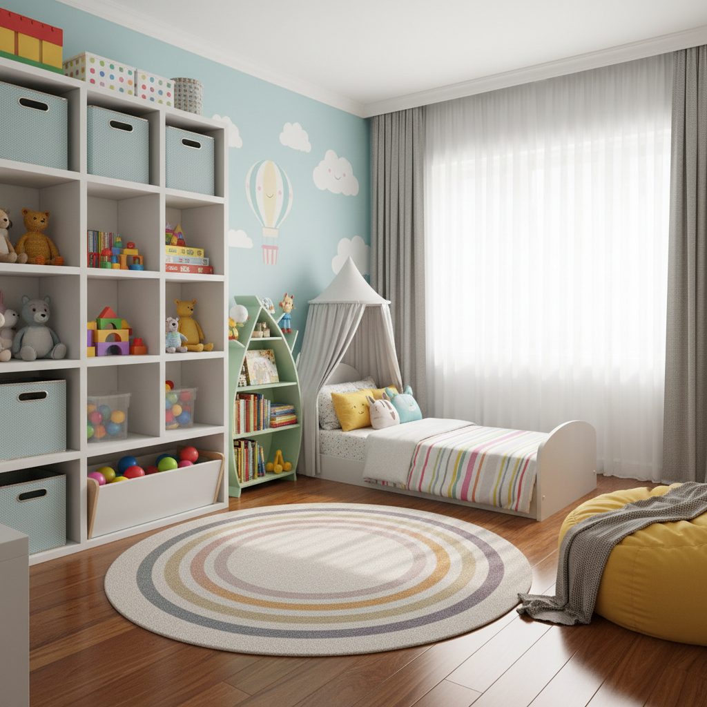 Colorful children's bedroom with toys neatly organized