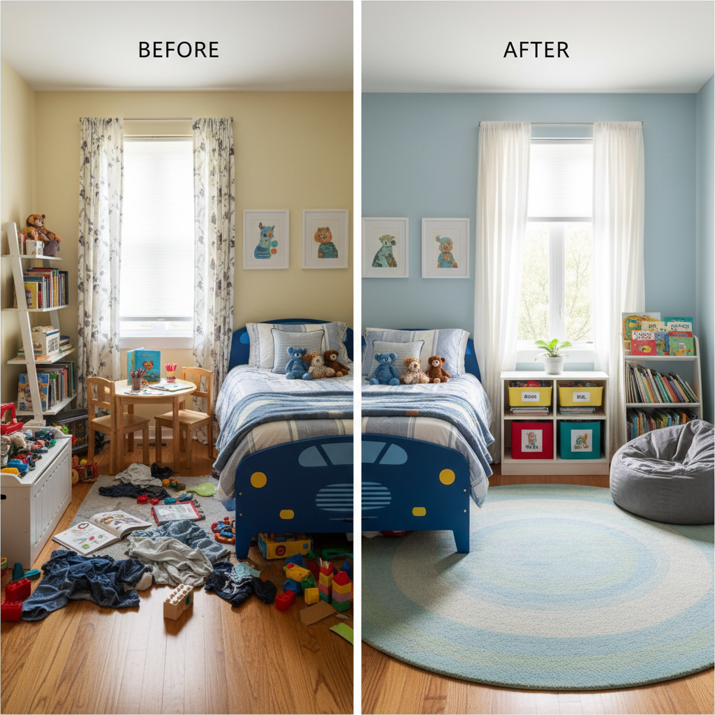 Before and after of a rearranged kid's bedroom