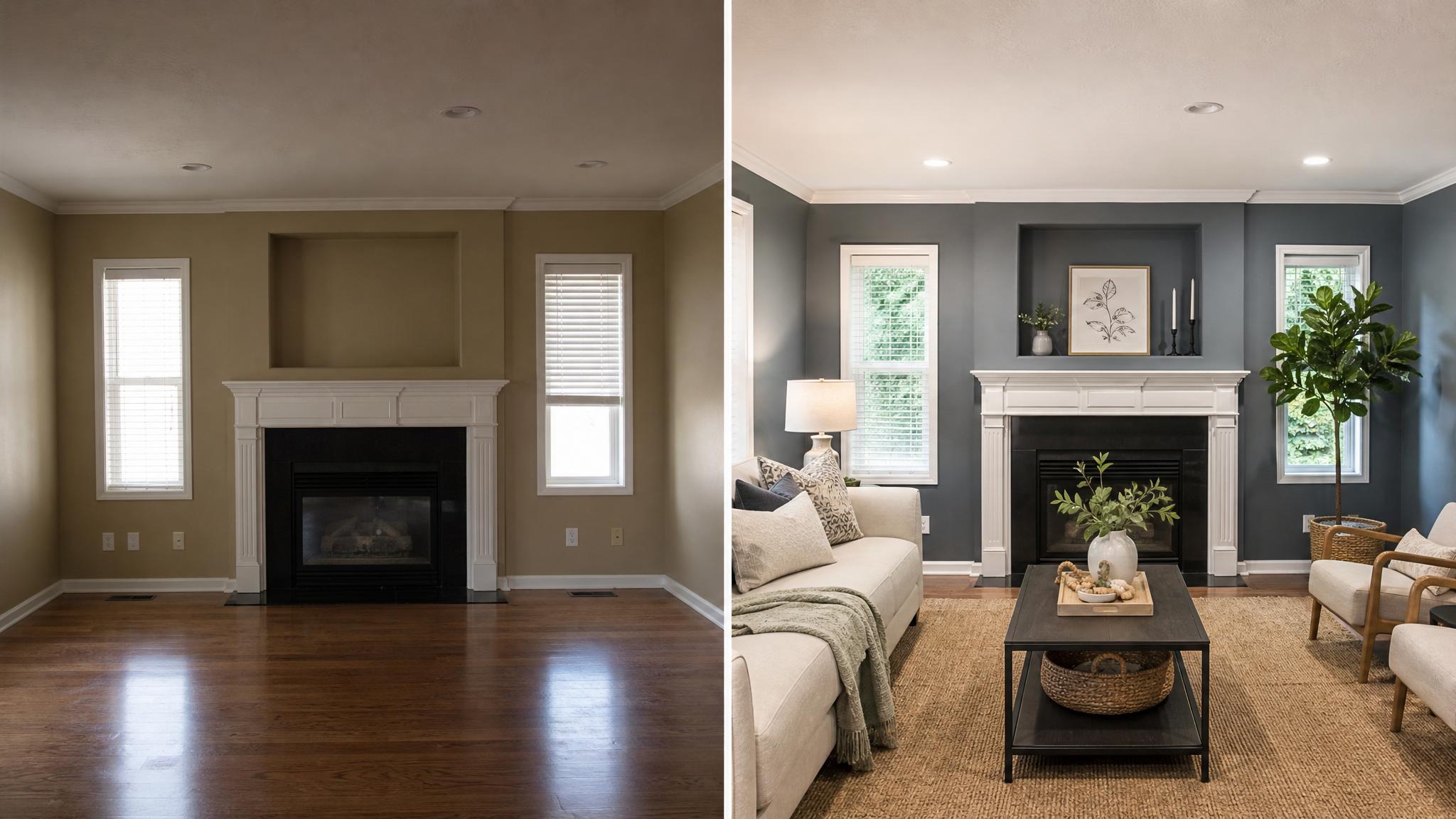 Before and after images of a painted living room