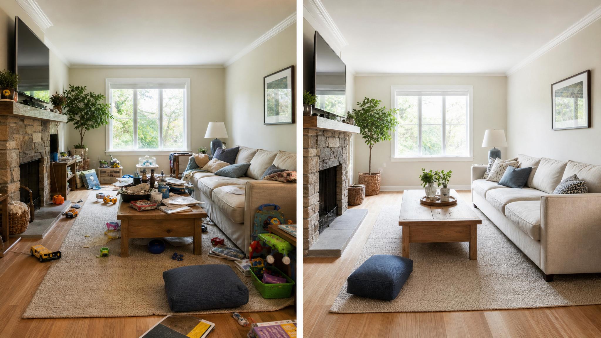 Before and after decluttering a living room