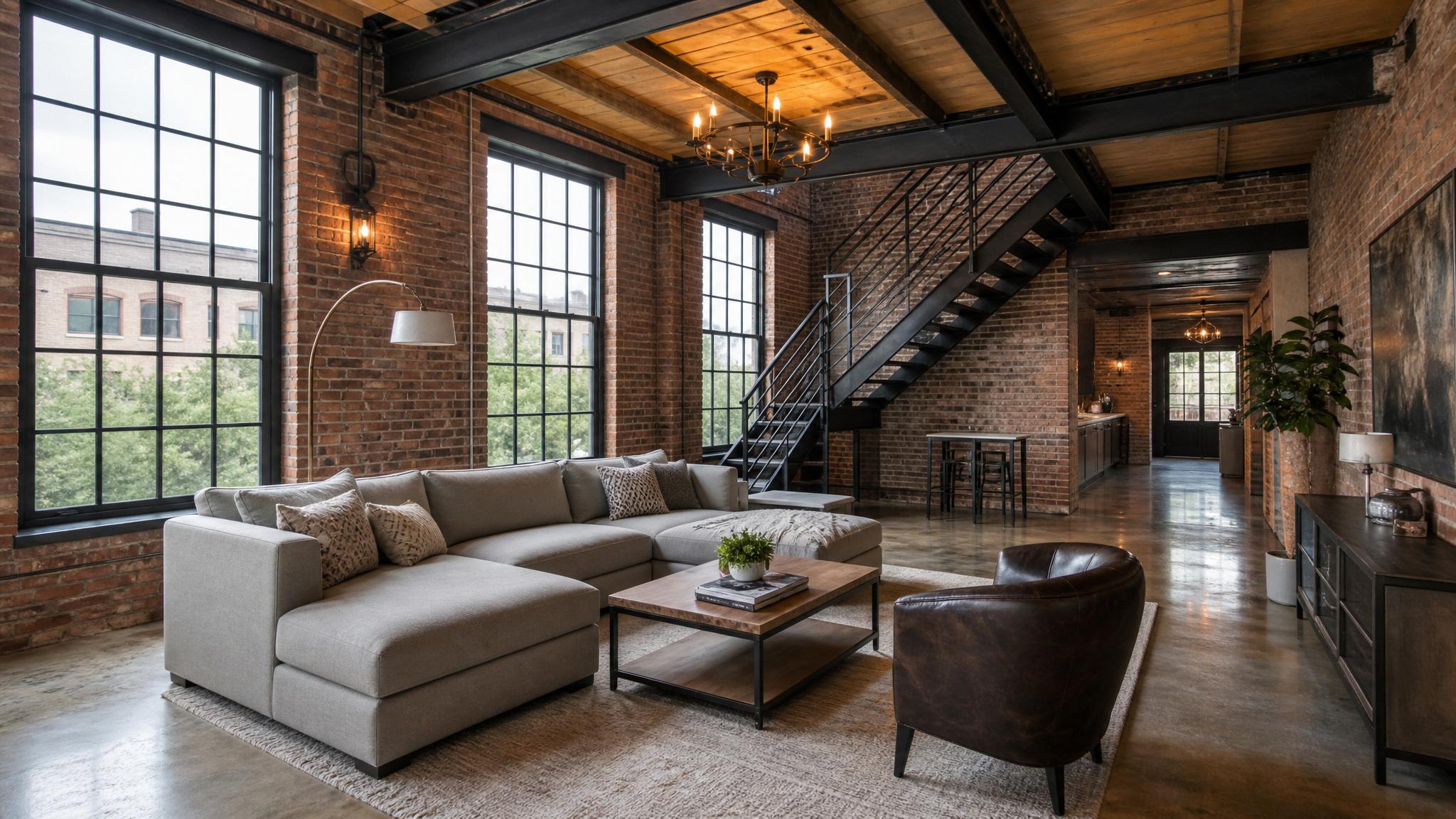 Industrial living room showcasing exposed brick walls and metal beams.