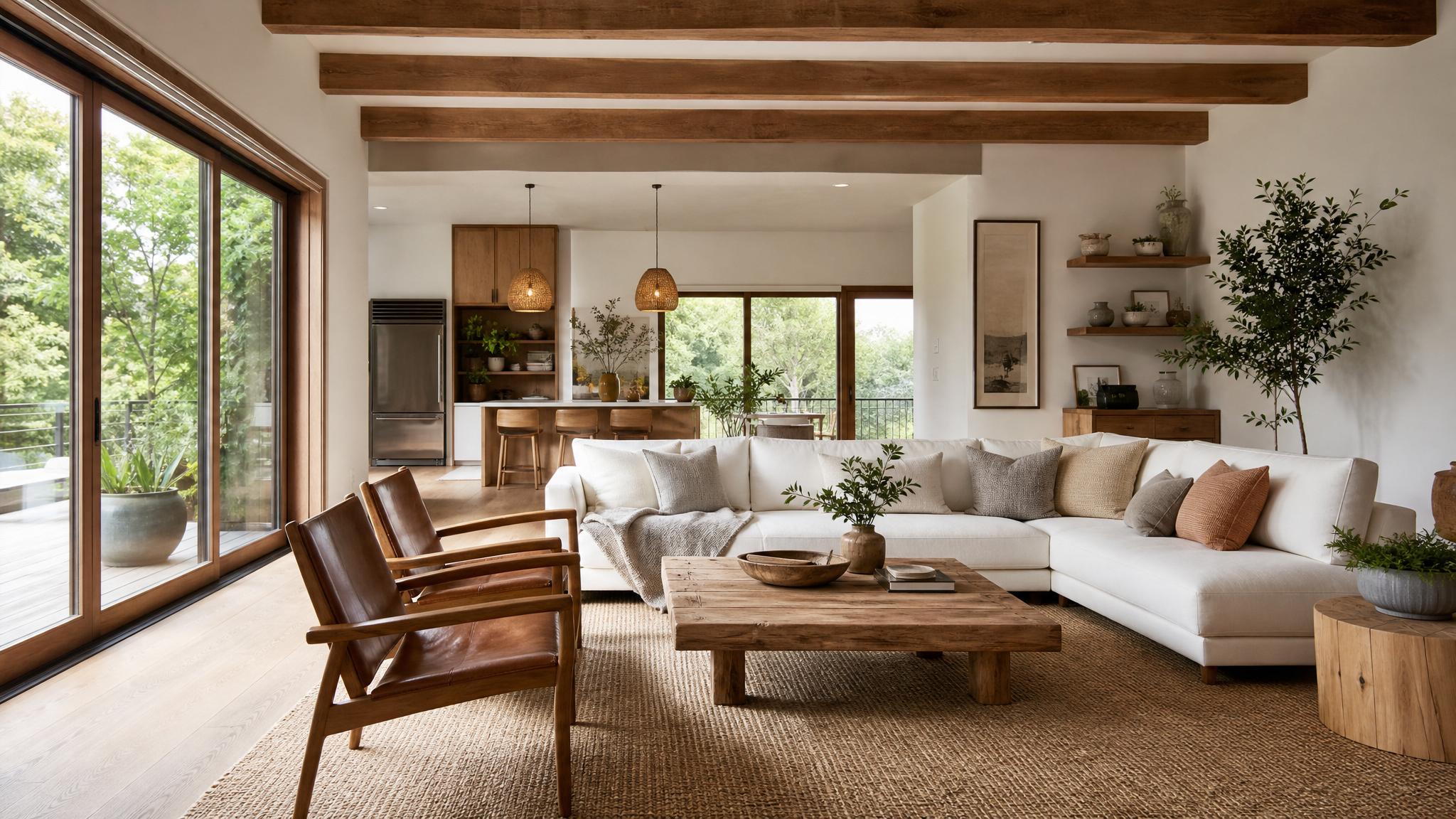Zen inspired open-plan living room with natural light