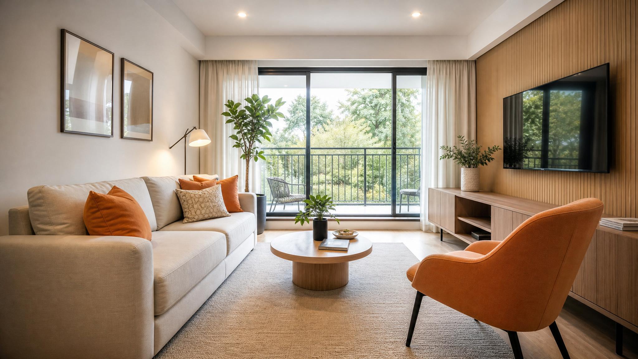 Modern small living room with bright colors and minimal furniture