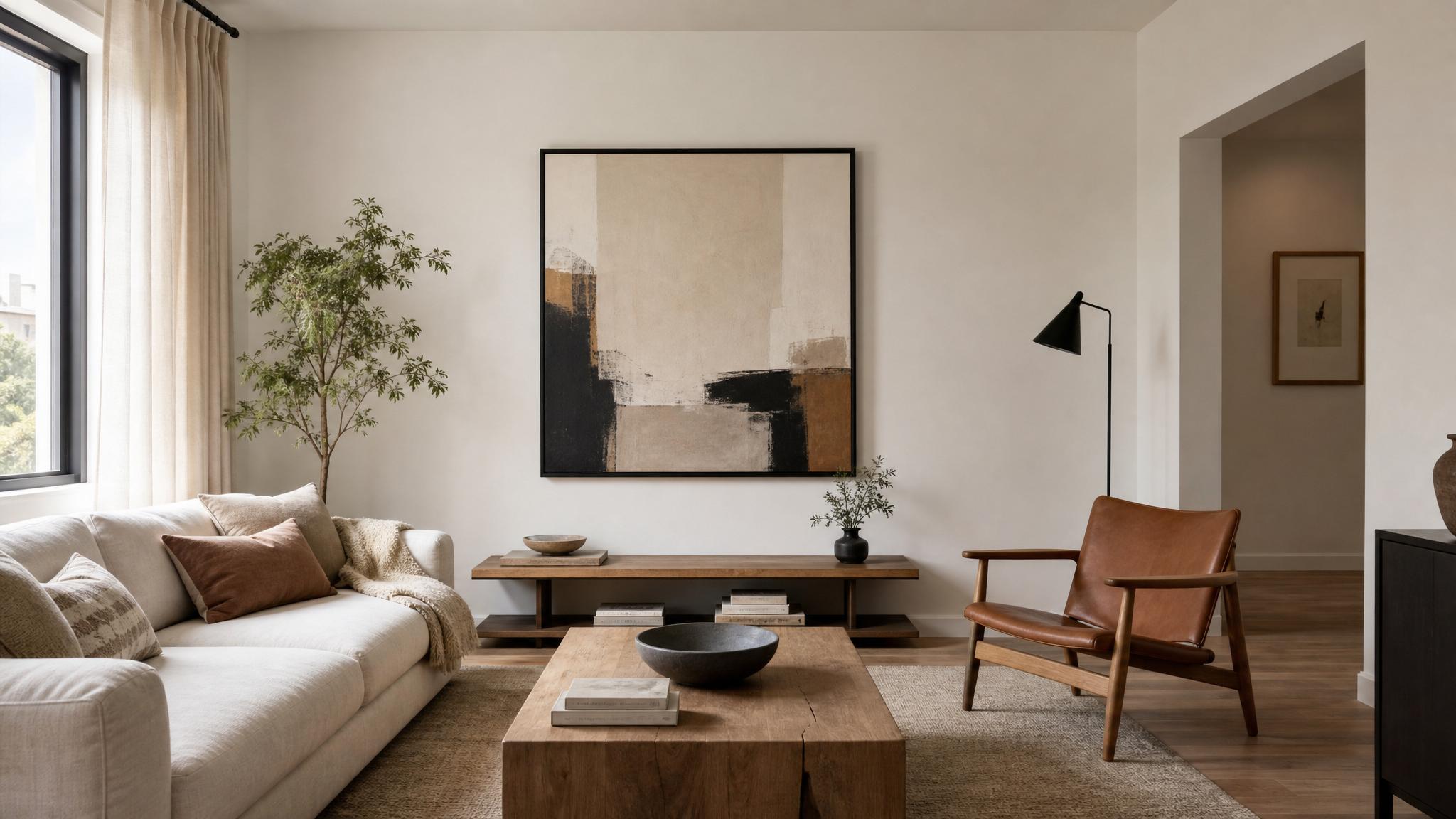 Minimalist small living room with a neutral palette and a statement artwork