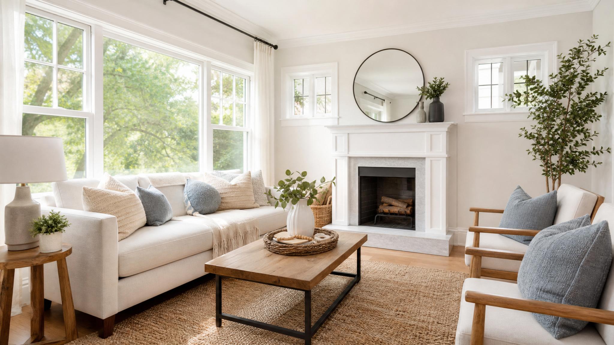 Bright small living room with large windows and light colors