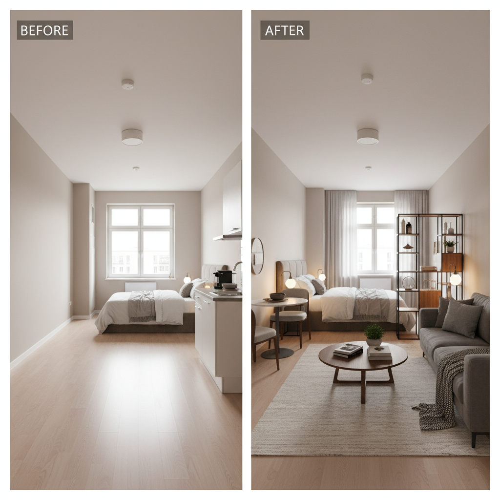 Before and after virtual staging of a studio apartment