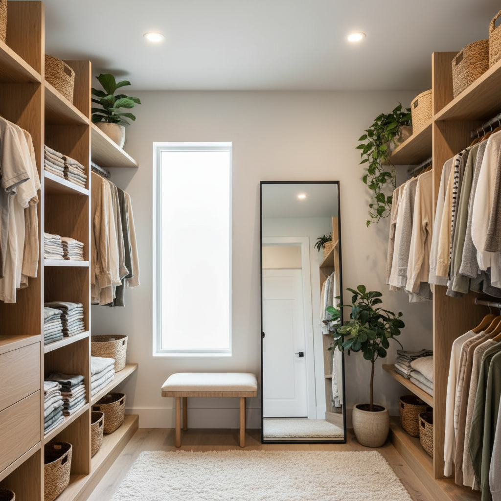 A serene Japandi walk-in closet featuring wooden shelves, neutral tones, and decorative plants.