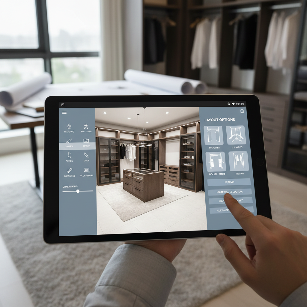 An image showing the AI interface for designing a walk-in closet with layout options.