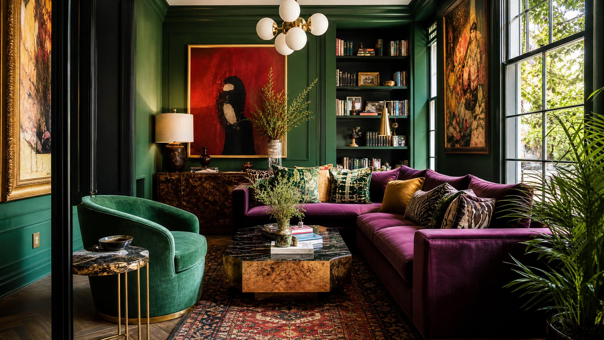 Showcase a luxurious maximalist small living room with bold colors and textures.