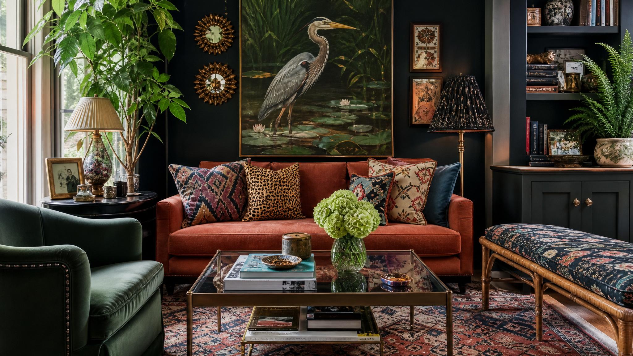 Display a statement piece in a small living room that enhances maximalist design.