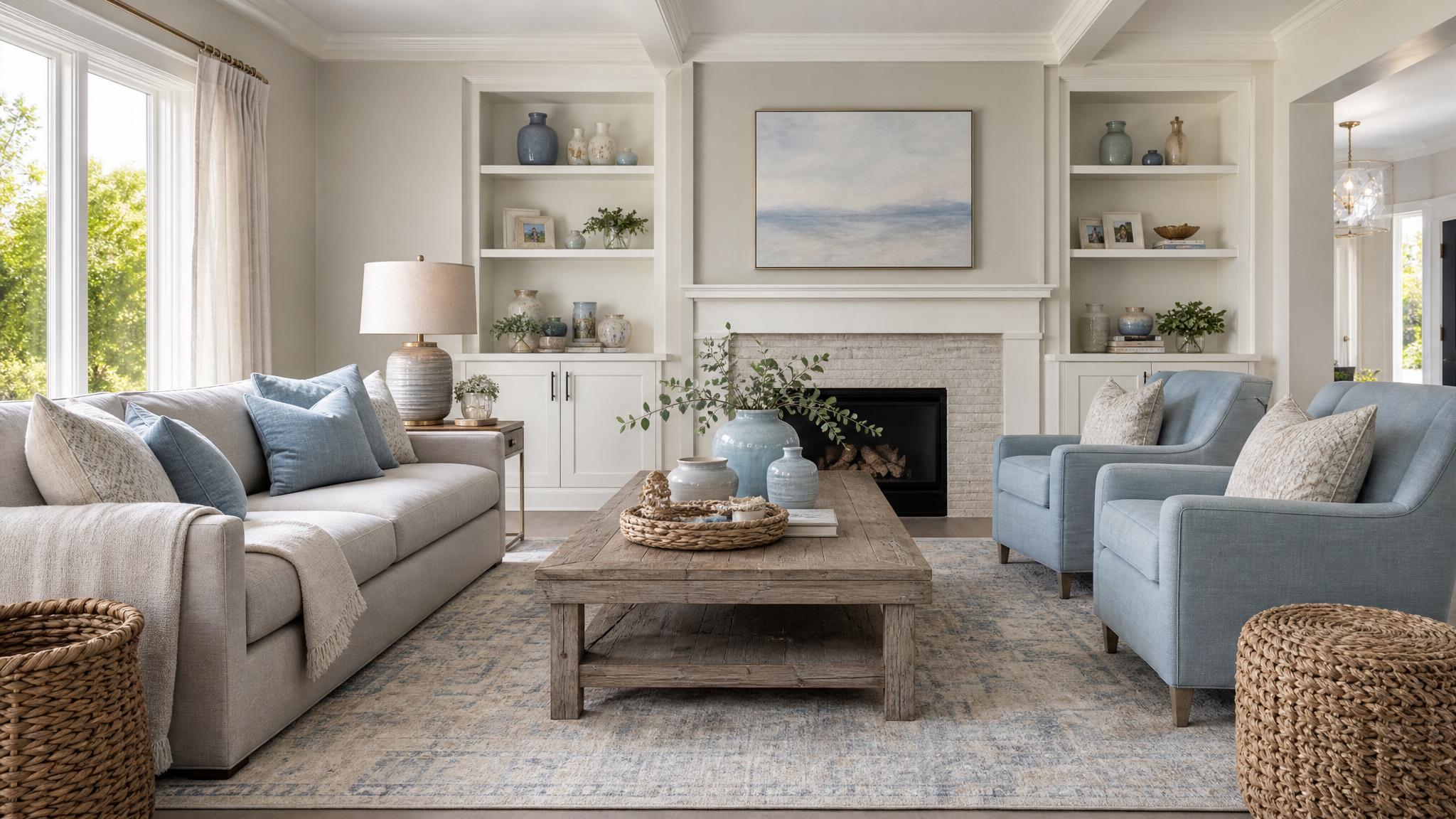 Image showing a living room with the Soft Gray & Pastel Blue palette.