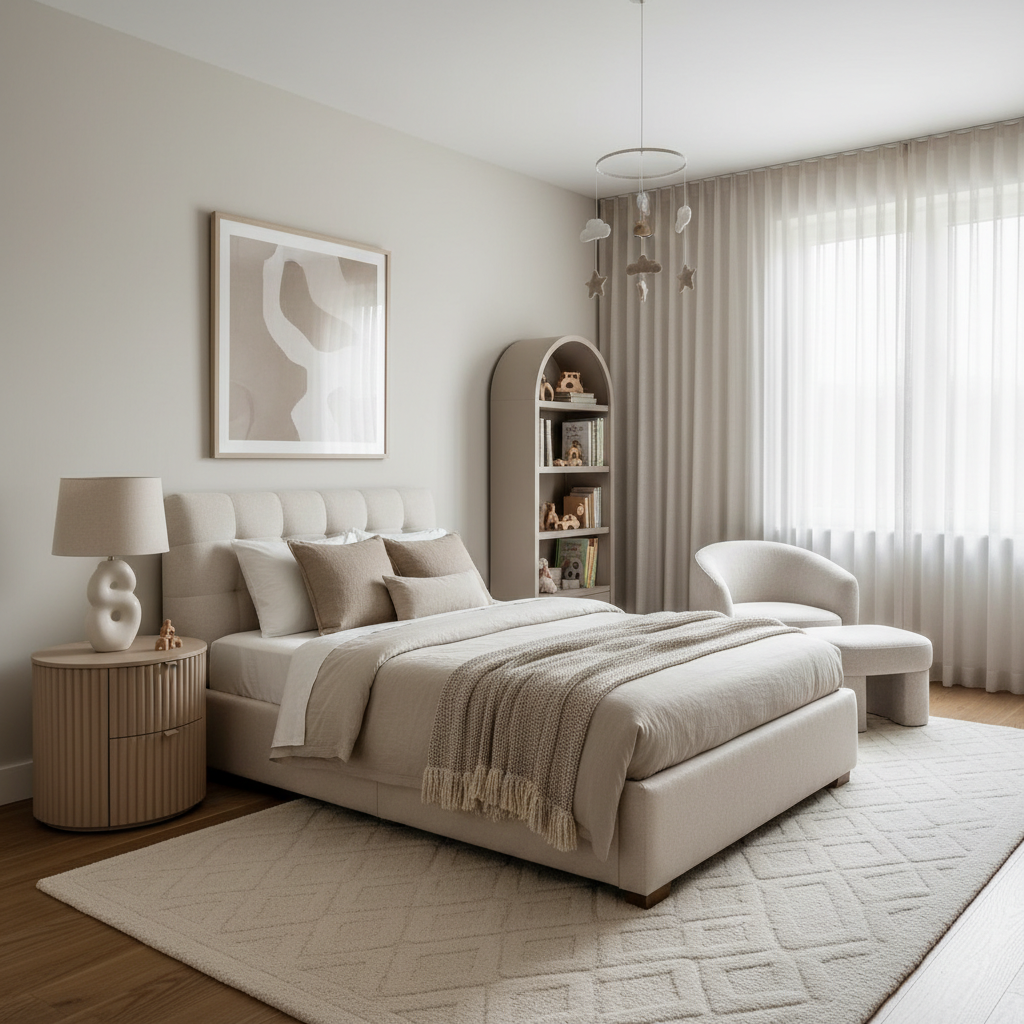 A quiet luxury kids bedroom with neutral colors and elegant furnishings