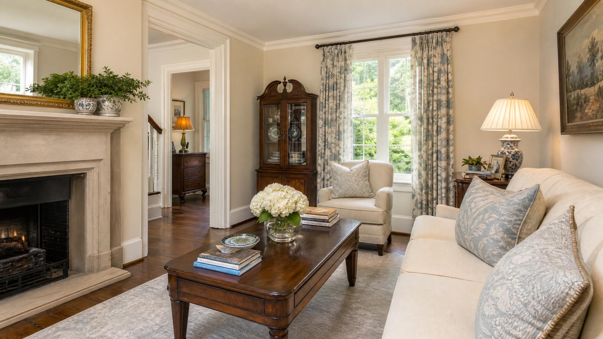 Elegant traditional small living room with classic furniture and decor.