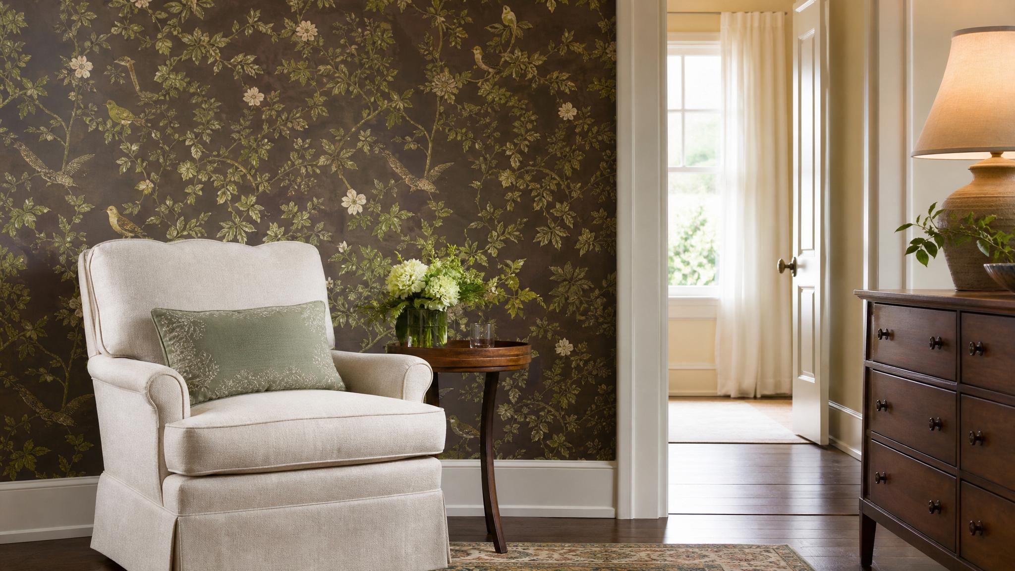 A cozy corner with an accent wall showcasing traditional wallpaper.