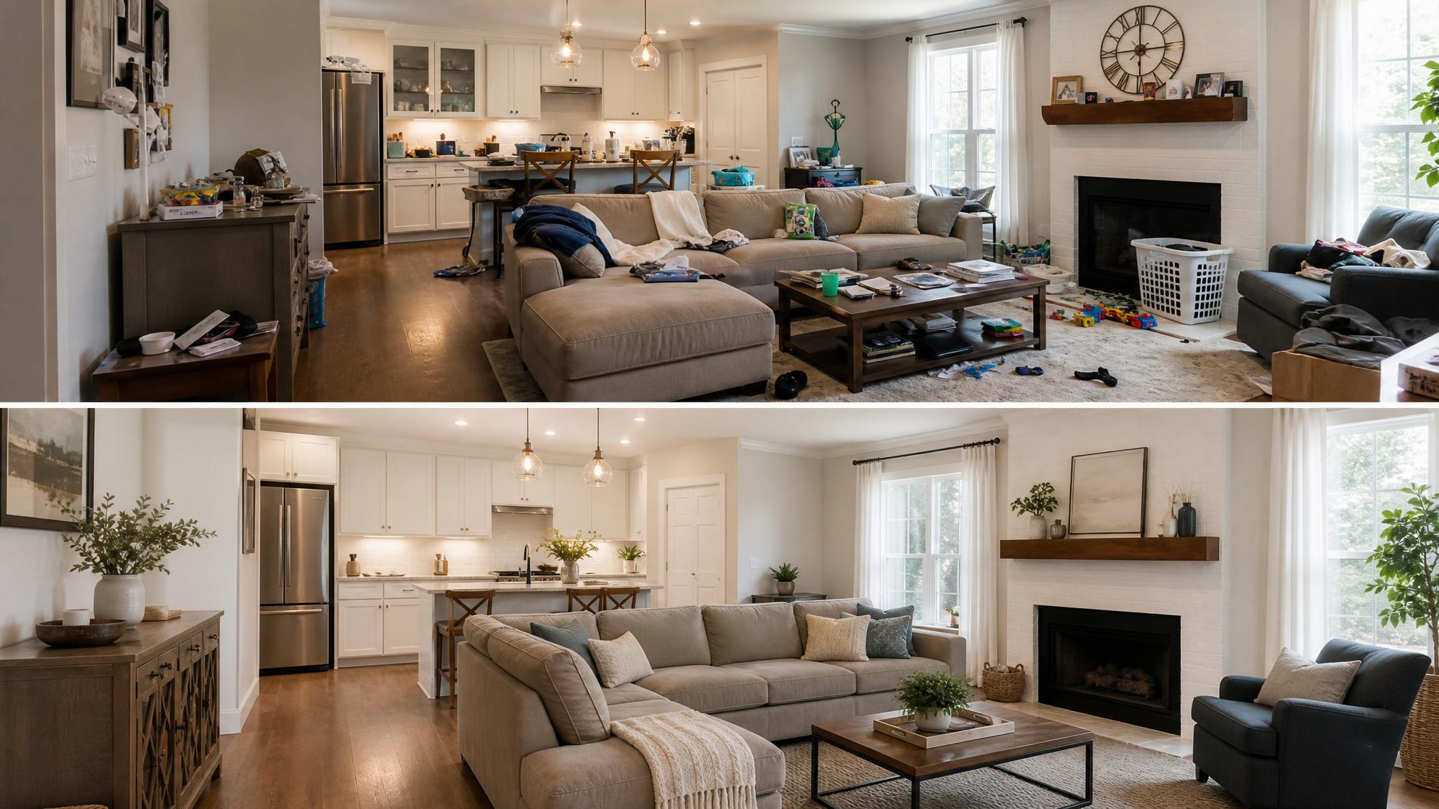 Before and after images of a decluttered open-plan living room