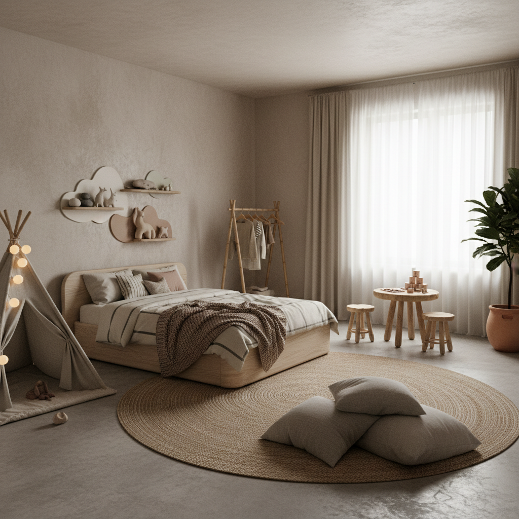 A beautifully designed kids' bedroom showcasing wabi-sabi elements such as neutral colors, organic shapes, and natural materials.