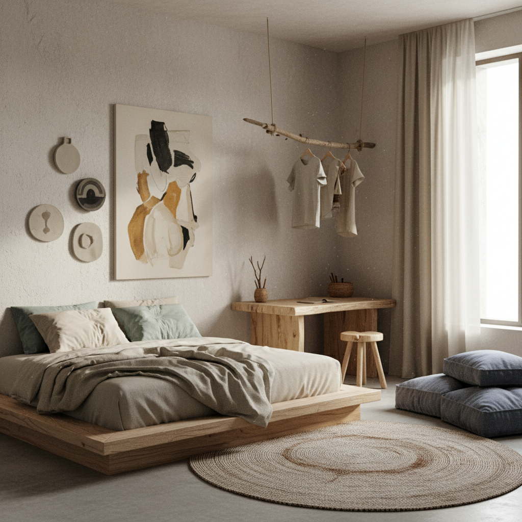 A virtual staging design showcasing a wabi-sabi inspired kids' bedroom, highlighting unique furniture and art placements.