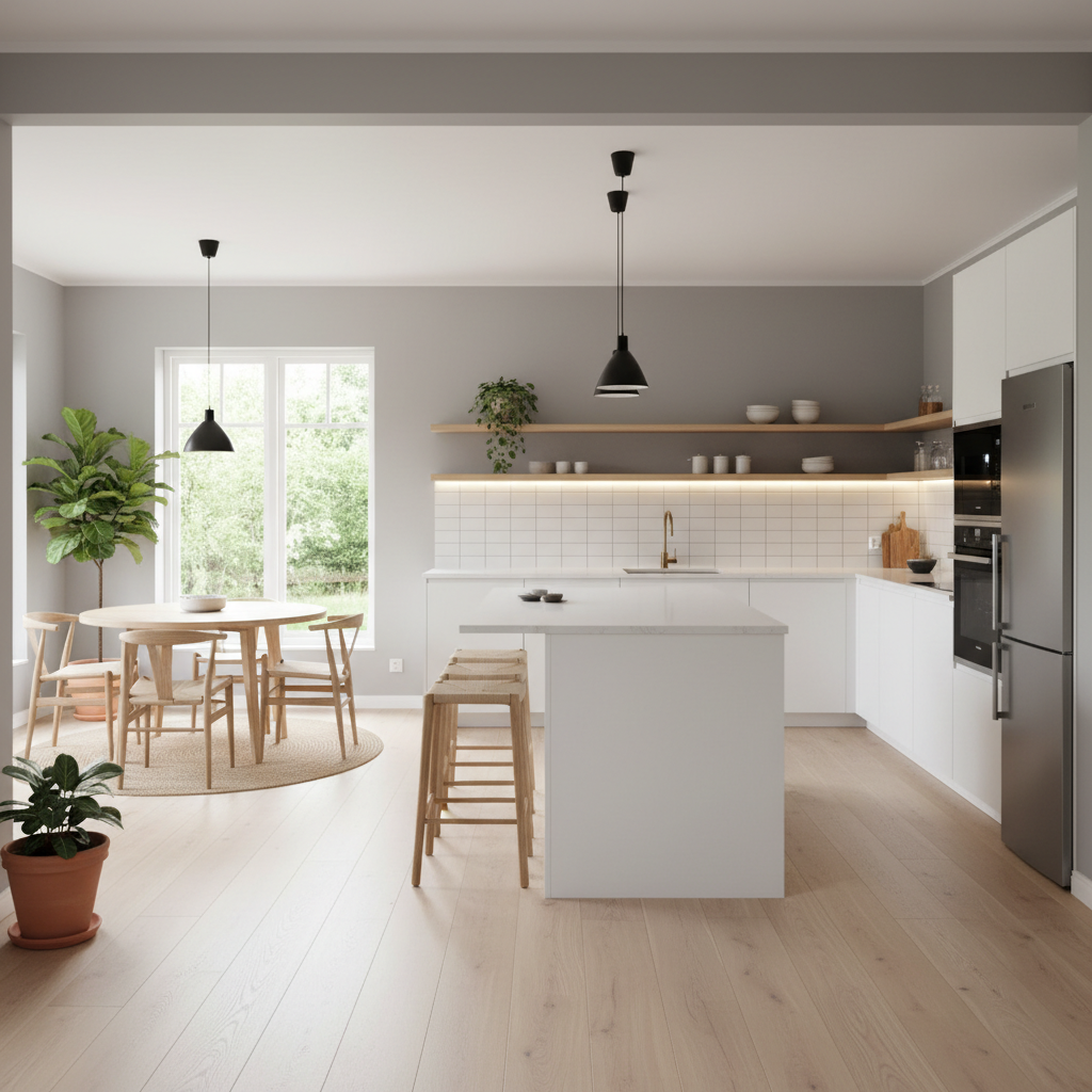 A modern Scandinavian kitchen featuring wood accents and minimalistic design.