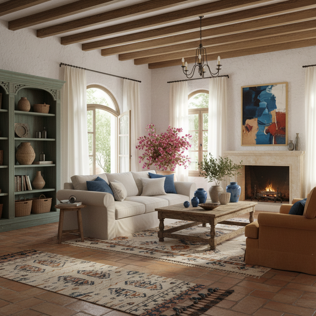 A cozy Mediterranean living room with warm earth tones and blue accents.