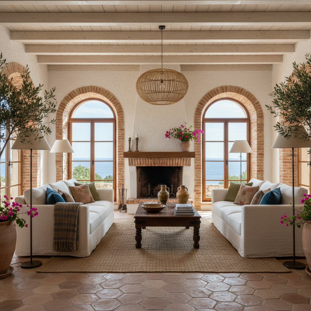 An AI-generated Mediterranean living room with arched windows and terracotta features.