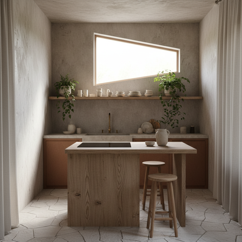 An example of a small kitchen styled wabi-sabi with natural elements and muted colors.